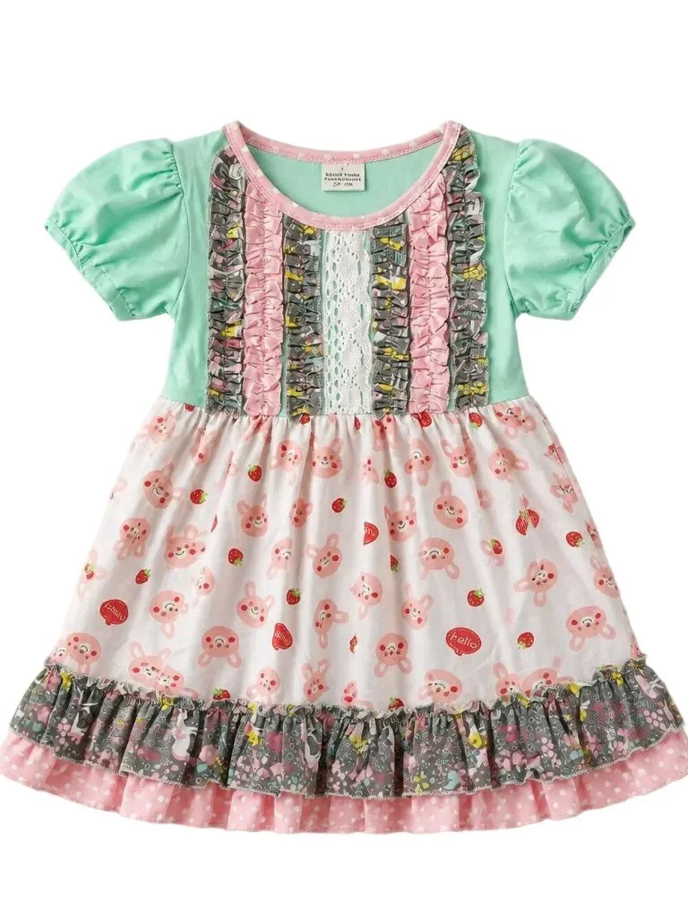Adorable Mint Pink Ruffle Cute Bear Cotton Short Sleeve Dress